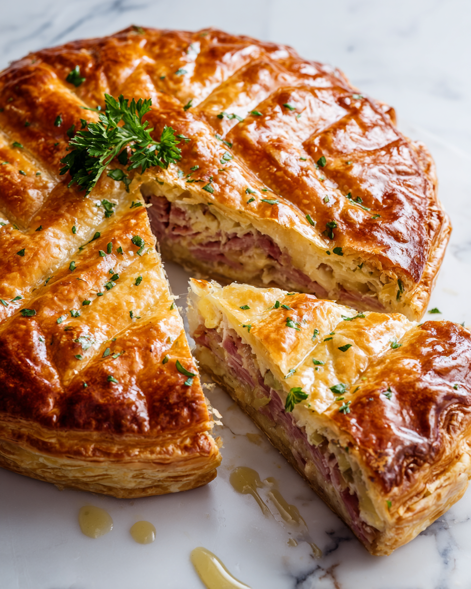 Tourte au jambon miel-moutarde délicieuse faite avec une pâte feuilletée au fromage, idéale pour les repas en famille.