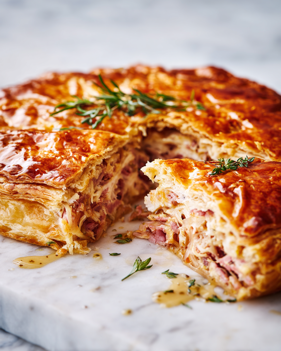 Savoureuse Tourte au Jambon Miel-Moutarde Tourte au jambon miel-moutarde délicieuse faite avec une pâte feuilletée au fromage, idéale pour les repas en famille.