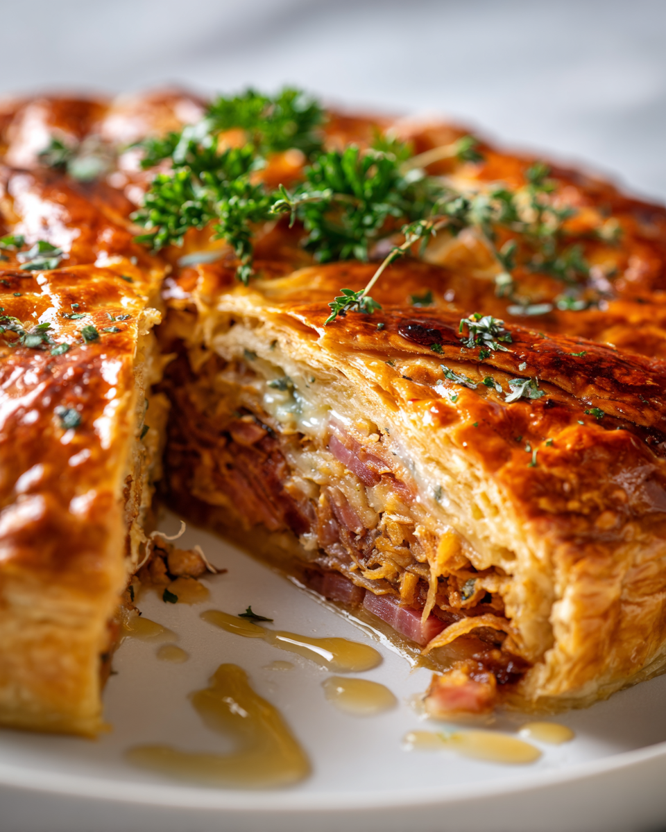 Savoureuse Tourte au Jambon Miel-Moutarde Tourte au jambon miel-moutarde délicieuse faite avec une pâte feuilletée au fromage, idéale pour les repas en famille.