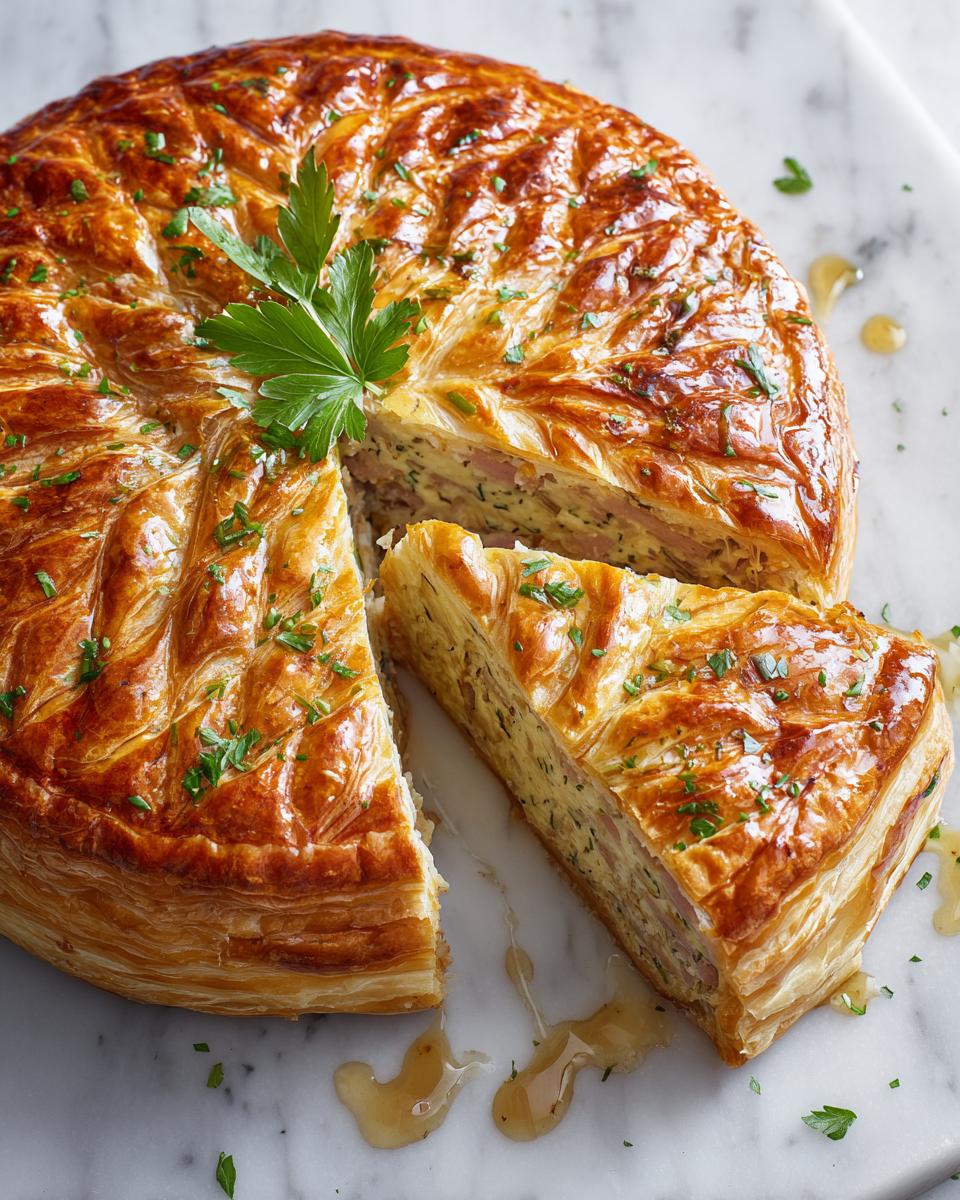 Savoureuse Tourte au Jambon Miel-Moutarde Tourte au jambon miel-moutarde délicieuse faite avec une pâte feuilletée au fromage, idéale pour les repas en famille.