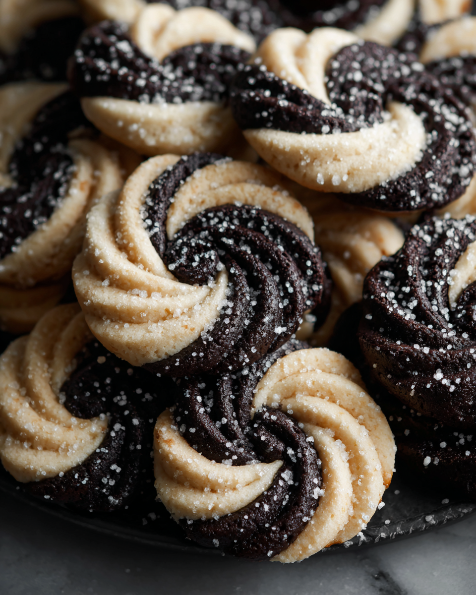 Cookies noir et blanc en spirale, délicieux et festifs, parfaits pour les rassemblements familiaux.