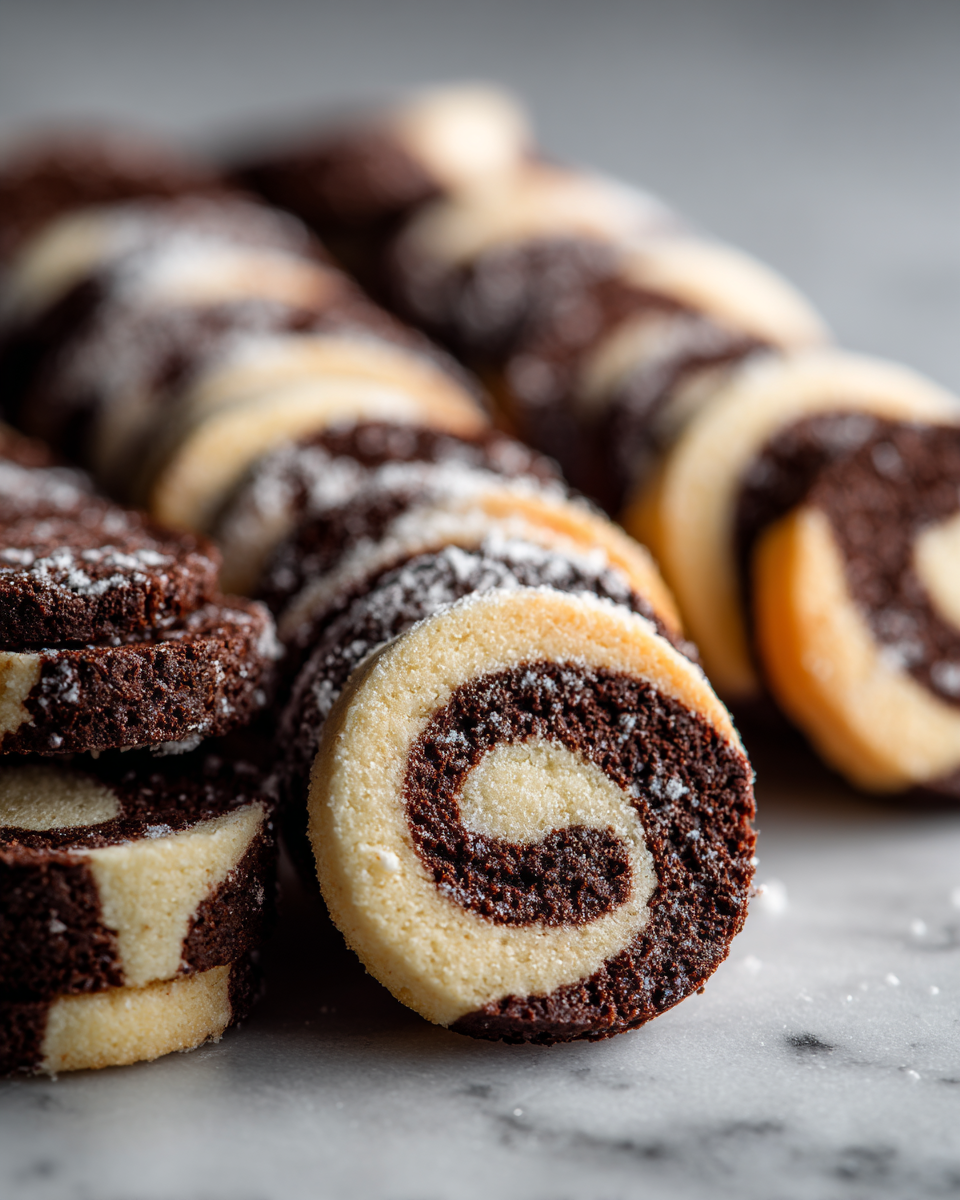 Cookies noir et blanc en spirale, délicieux et festifs, parfaits pour les rassemblements familiaux.