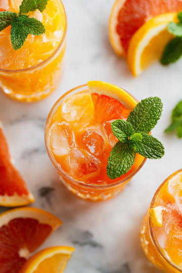 Mocktail pétillant aux agrumes frais, idéal pour des moments festifs, léger et rafraîchissant, avec des jus d'orange, pamplemousse, et citron pressés.