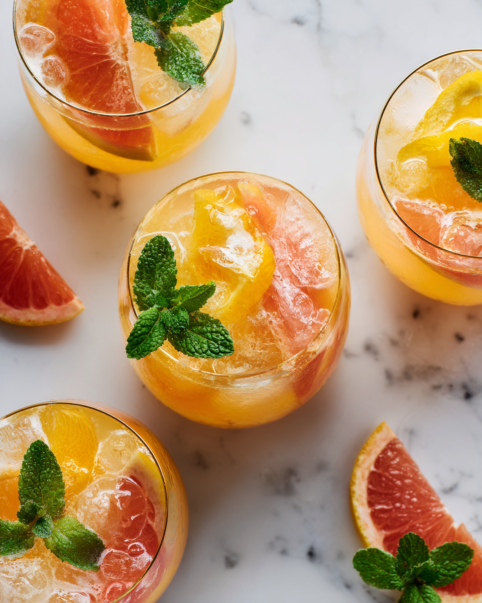 Mocktail pétillant aux agrumes frais, idéal pour des moments festifs, léger et rafraîchissant, avec des jus d'orange, pamplemousse, et citron pressés.