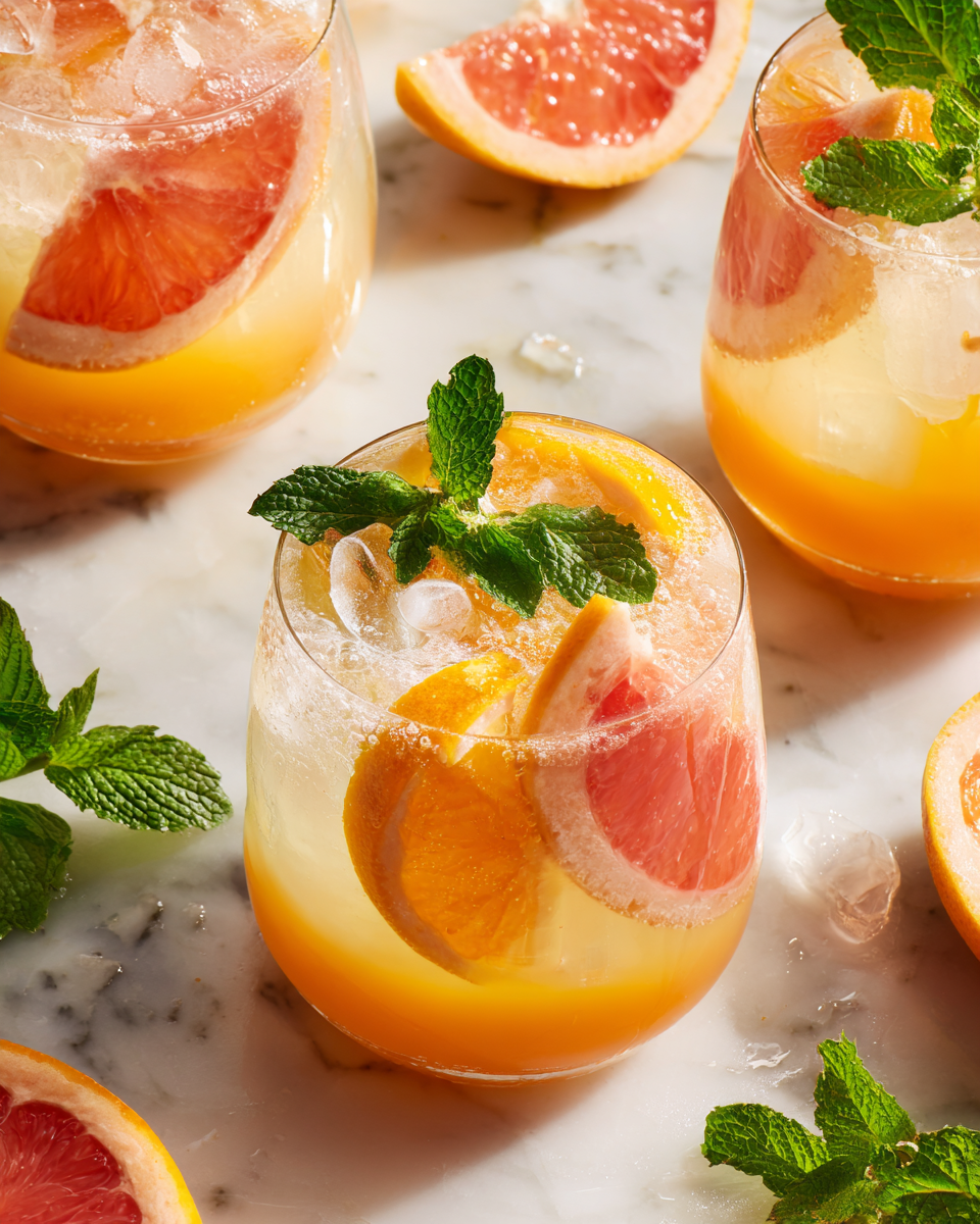 Mocktail pétillant aux agrumes frais, idéal pour des moments festifs, léger et rafraîchissant, avec des jus d'orange, pamplemousse, et citron pressés.